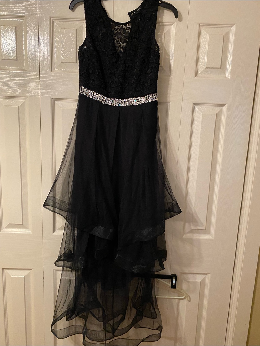 Black Lace High-Low Cocktail Dress with Jeweled Waist